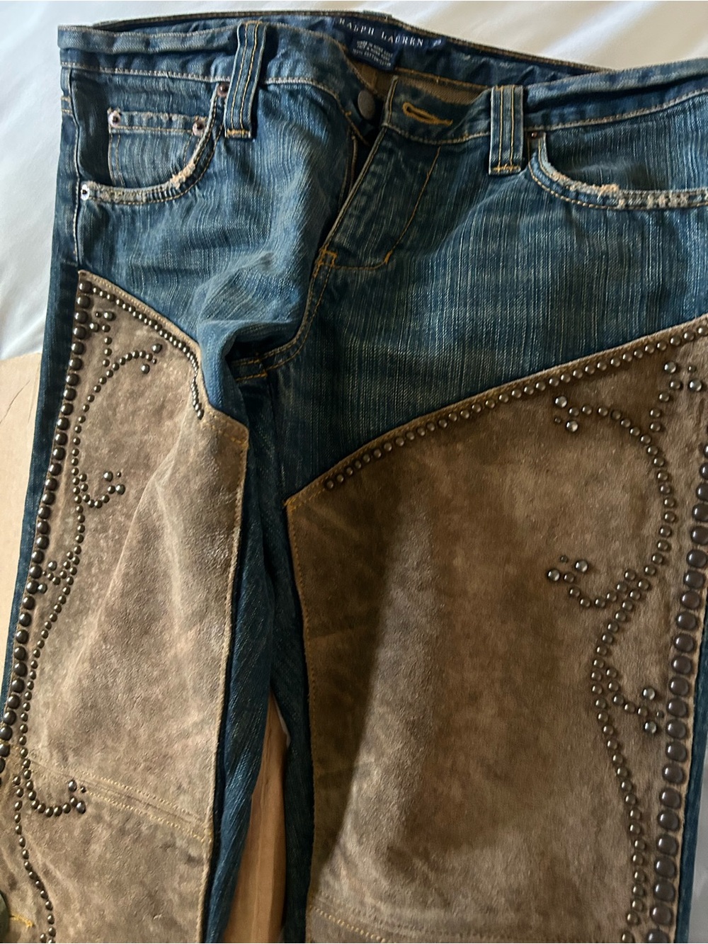 Ralph Lauren Two-Tone Blue Denim Jeans with Tan Suede-Look Panels - Picture 3 of 6